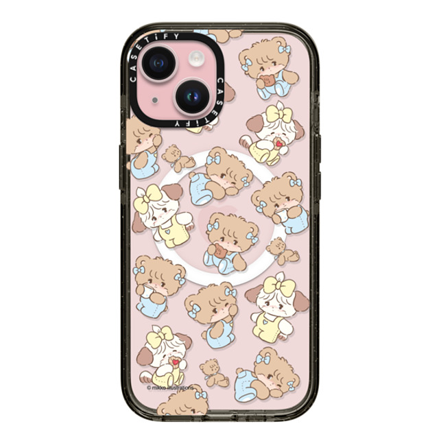 mikko illustrations x CASETiFY iPhone 15 ケース ブラック インパクトケース MagSafe対応 souffle & latte pattern