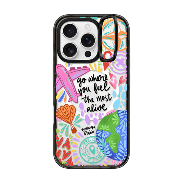 Nawara Studio x CASETiFY iPhone 16 Pro ケース ブラック インパクトリングスタンドケース MagSafe対応 Travel Time