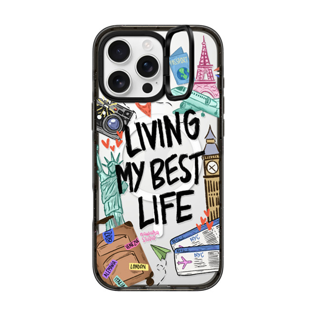 Nawara Studio x CASETiFY iPhone 16 Pro Max ケース ブラック インパクトリングスタンドケース MagSafe対応 Travel Lover by Nawara Studio