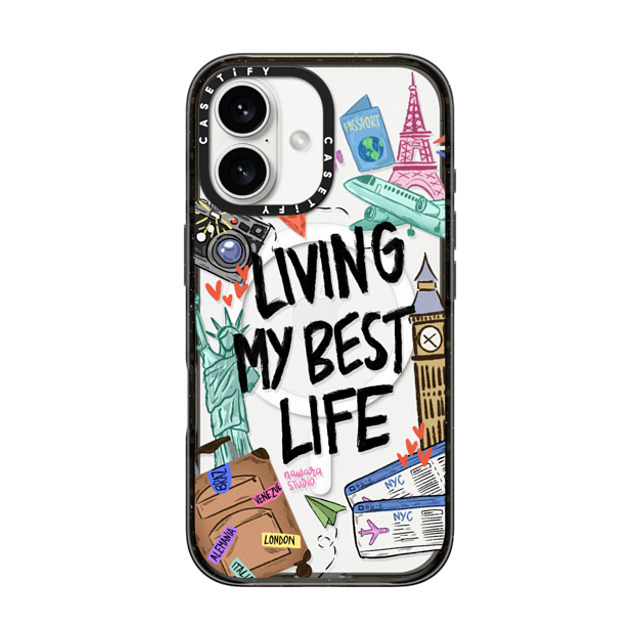 Nawara Studio x CASETiFY iPhone 16 ケース ブラック インパクトケース MagSafe対応 Travel Lover by Nawara Studio