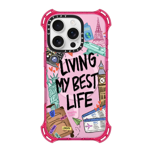 Nawara Studio x CASETiFY iPhone 16 Pro ケース プリムローズ ピンク バウンスケース Travel Lover by Nawara Studio