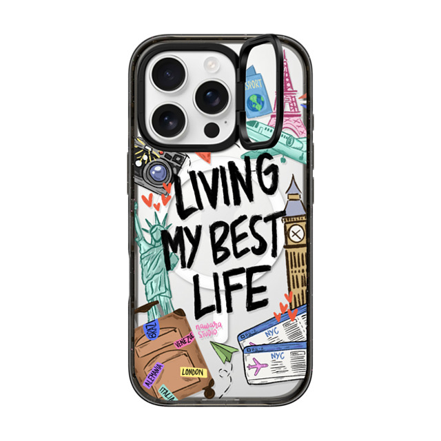 Nawara Studio x CASETiFY iPhone 16 Pro ケース ブラック インパクトリングスタンドケース MagSafe対応 Travel Lover by Nawara Studio