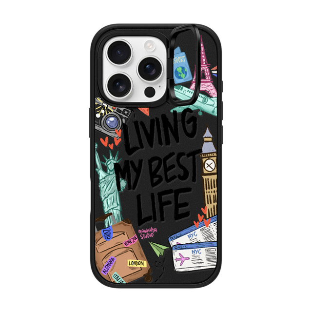 Nawara Studio x CASETiFY iPhone 16 Pro ケース マットブラック インパクトリングスタンドケース MagSafe対応 Travel Lover by Nawara Studio