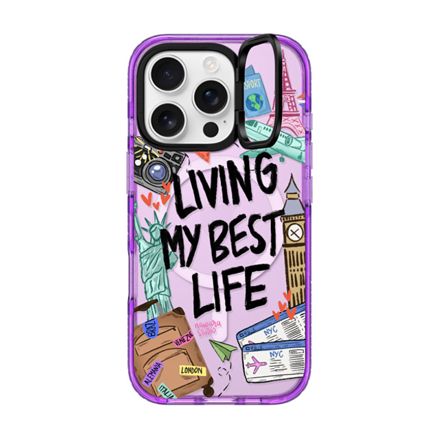 Nawara Studio x CASETiFY iPhone 16 Pro ケース パープル インパクトリングスタンドケース MagSafe対応 Travel Lover by Nawara Studio