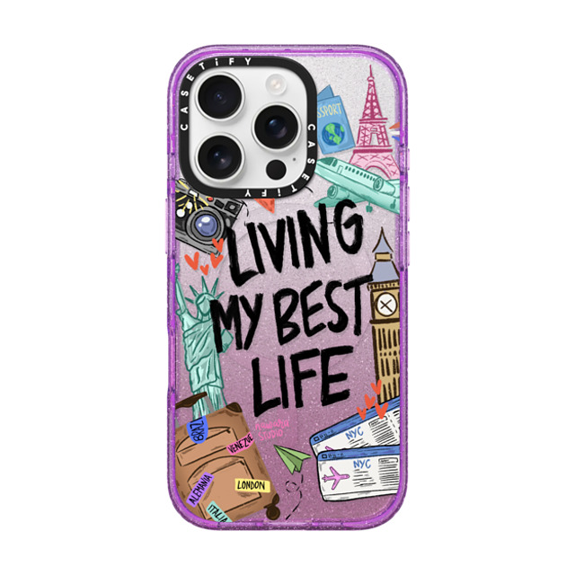 Nawara Studio x CASETiFY iPhone 16 Pro ケース Glitter Purple インパクトケース MagSafe対応 Travel Lover by Nawara Studio