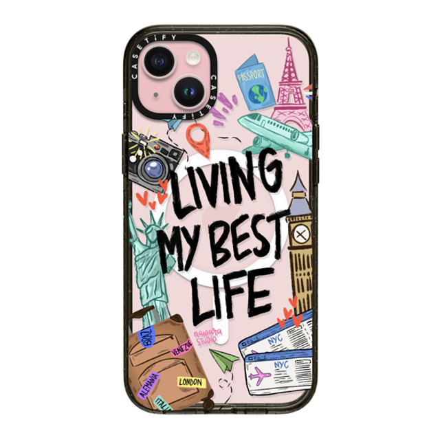 Nawara Studio x CASETiFY iPhone 15 Plus ケース ブラック インパクトケース MagSafe対応 Travel Lover by Nawara Studio