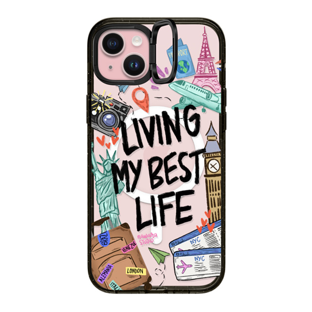 Nawara Studio x CASETiFY iPhone 15 Plus ケース ブラック インパクトリングスタンドケース MagSafe対応 Travel Lover by Nawara Studio