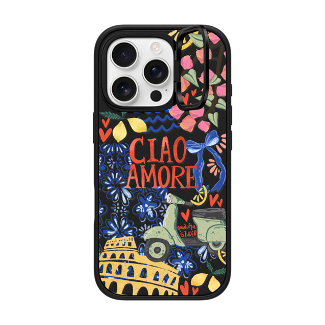 Nawara Studio x CASETiFY iPhone 16 Pro ケース マットブラック インパクトリングスタンドケース MagSafe対応 Ciao Amore