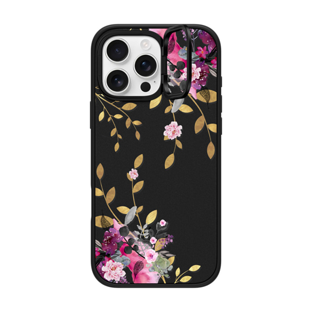 Monika Strigel x CASETiFY iPhone 16 Pro Max ケース マットブラック インパクトリングスタンドケース MagSafe対応 FLOWER & GOLD