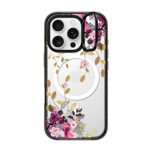 Monika Strigel x CASETiFY iPhone 16 Pro ケース ブラック インパクトリングスタンドケース MagSafe対応 FLOWER & GOLD