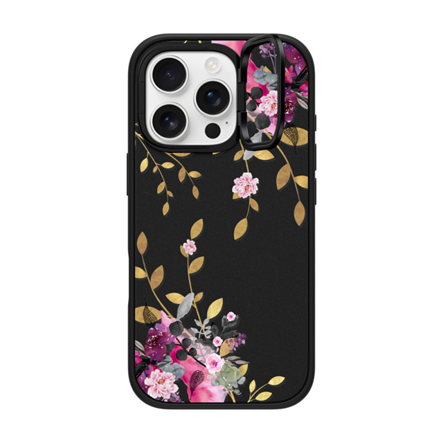 Monika Strigel x CASETiFY iPhone 16 Pro ケース マットブラック インパクトリングスタンドケース MagSafe対応 FLOWER & GOLD