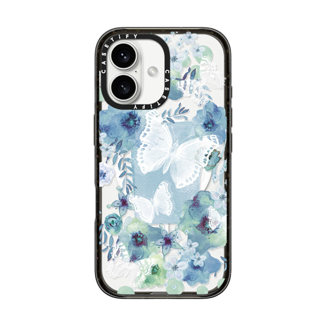 Monika Strigel x CASETiFY iPhone 16 ケース ブラック インパクトケース MagSafe対応 MY BLUE BUTTERFLY GARDEN