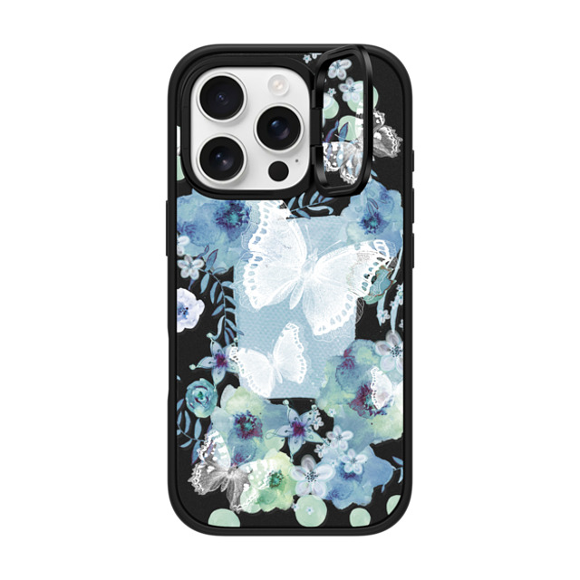 Monika Strigel x CASETiFY iPhone 16 Pro ケース マットブラック インパクトリングスタンドケース MagSafe対応 MY BLUE BUTTERFLY GARDEN