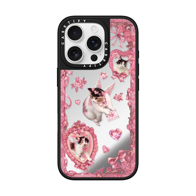 Mond Kim x CASETiFY iPhone 16 Pro ケース Silver on Black ミラーケース MagSafe対応 Heart Bow Cat