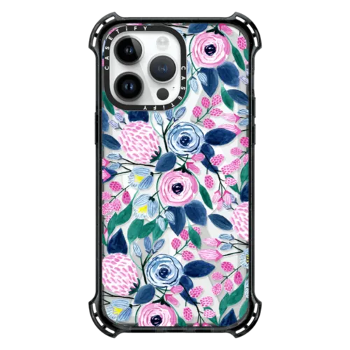 iPhone 14 Pro Max - Girly Pink Navy Blue Watercolor Flowers Roses Leaves Pattern Clear