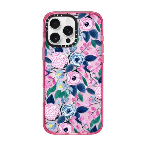 iPhone 16 Pro Max - Girly Pink Navy Blue Watercolor Flowers Roses Leaves Pattern Clear