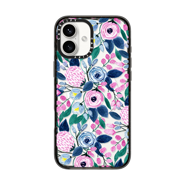 CASETiFY iPhone 16 Plus Case Black Impact Case MagSafe Compatible フローラル Girly Pink Navy Blue Watercolor Flowers Roses Leaves Pattern Clear CASETiFY iPhone 16 Plus Case Black Impact Case MagSafe Compatible フローラル Girly Pink Navy Blue Watercolor Flowers Roses Leaves Pattern Clear