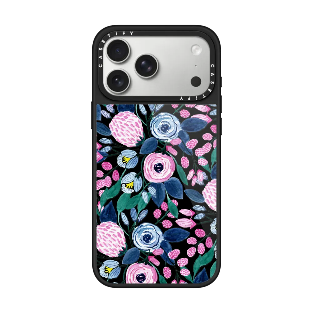Glaze iPhone 17 Pro Max Case MagSafe Compatible - Girly Pink Navy Blue Watercolor Flowers Roses Leaves Pattern Clear