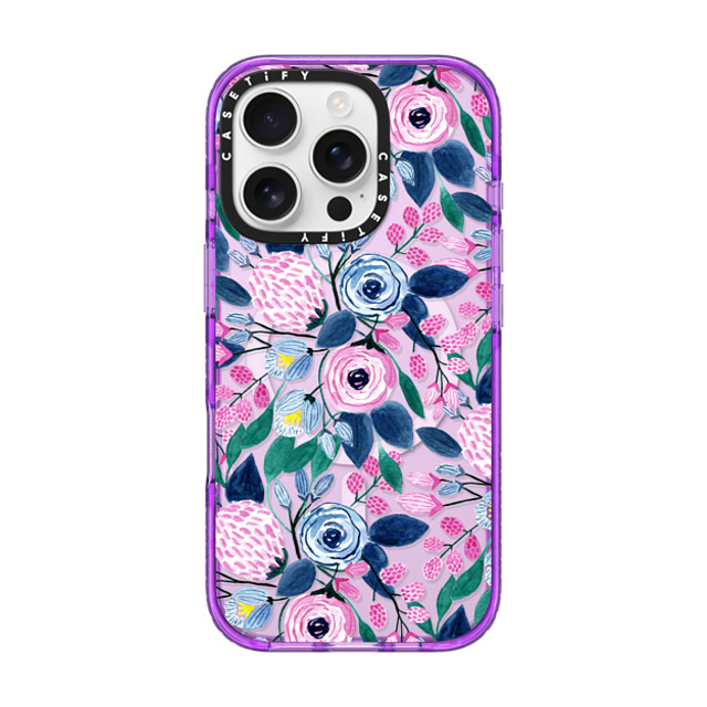 CASETiFY iPhone 16 Pro Case パープル Impact Case MagSafe Compatible フローラル Girly Pink Navy Blue Watercolor Flowers Roses Leaves Pattern Clear CASETiFY iPhone 16 Pro Case パープル Impact Case MagSafe Compatible フローラル Girly Pink Navy Blue Watercolor Flowers Roses Leaves Pattern Clear