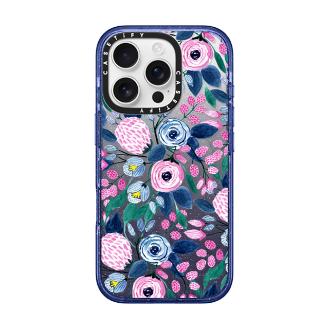 CASETiFY iPhone 16 Pro Case Glitter Indigo Impact Case MagSafe Compatible フローラル Girly Pink Navy Blue Watercolor Flowers Roses Leaves Pattern Clear CASETiFY iPhone 16 Pro Case Glitter Indigo Impact Case MagSafe Compatible フローラル Girly Pink Navy Blue Watercolor Flowers Roses Leaves Pattern Clear