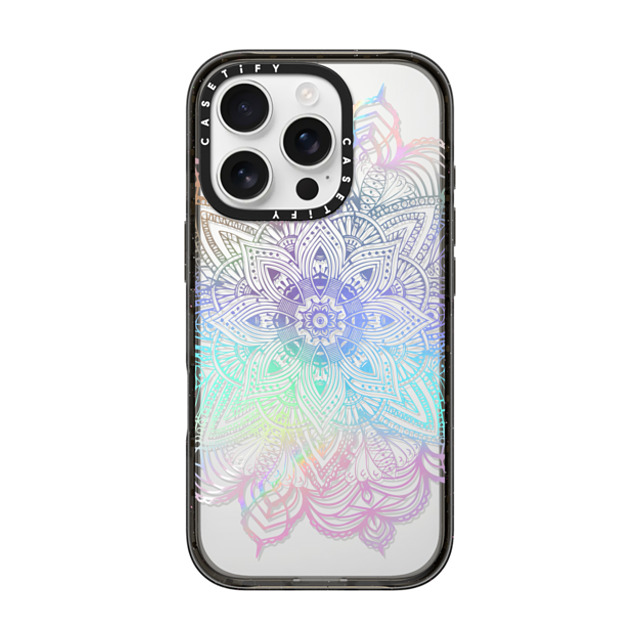 CASETiFY iPhone 16 Pro ケース ブラック インパクトケース Boho,Floral Rainbow Holographic Mandala Lace Explosion