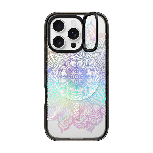 CASETiFY iPhone 16 Pro ケース ブラック インパクトリングスタンドケース MagSafe対応 Boho,Floral Rainbow Holographic Mandala Lace Explosion