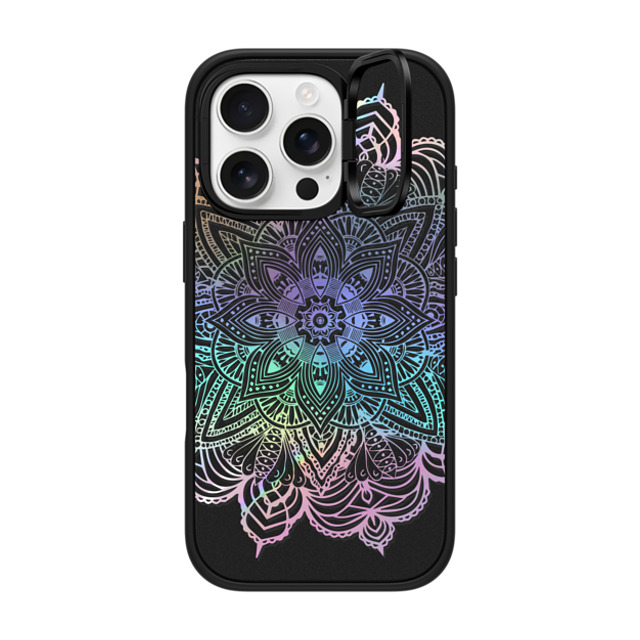 CASETiFY iPhone 16 Pro ケース マットブラック インパクトリングスタンドケース MagSafe対応 Boho,Floral Rainbow Holographic Mandala Lace Explosion