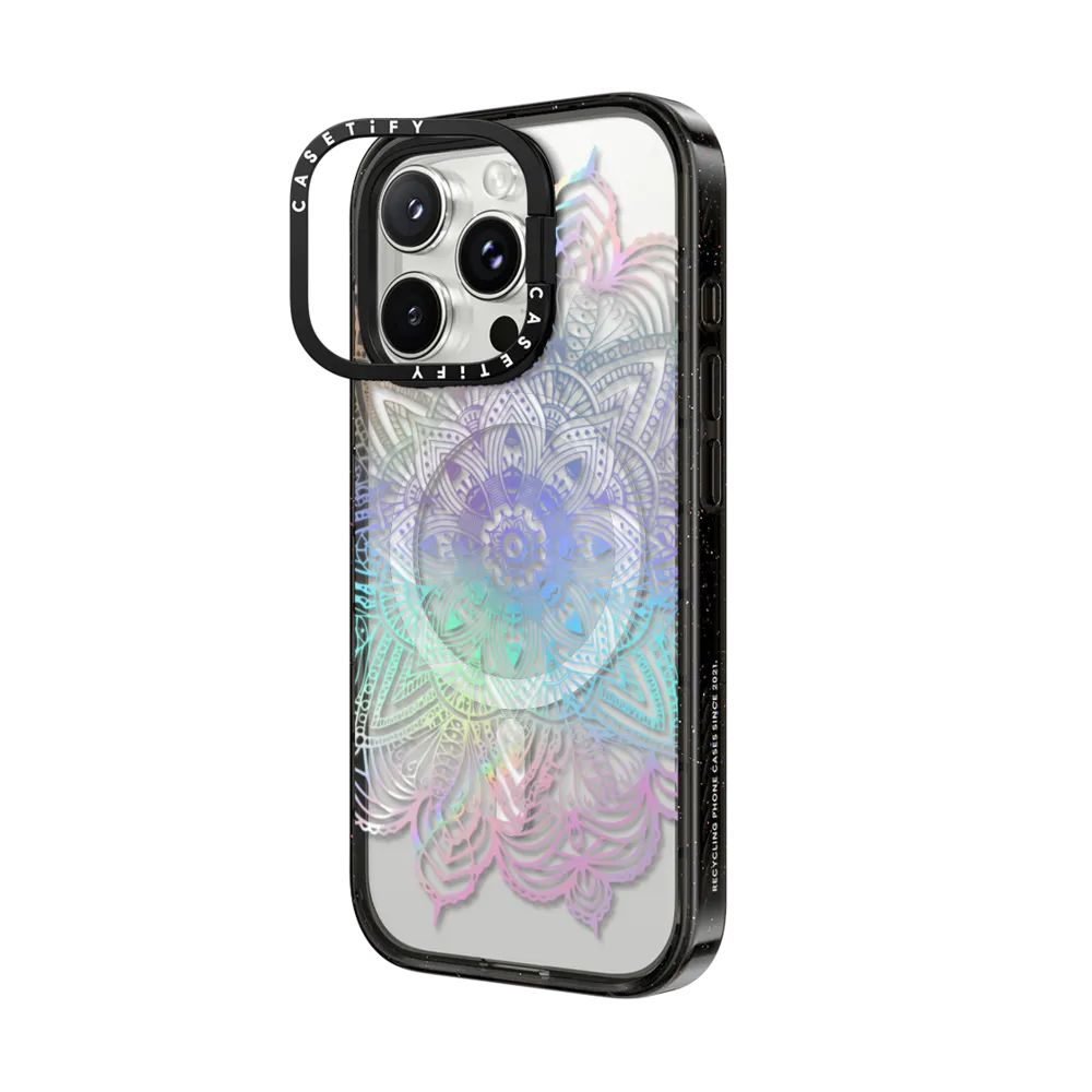 Impact Ring Stand iPhone 16 Pro Case MagSafe Compatible - Rainbow Holographic Mandala Lace Explosion
