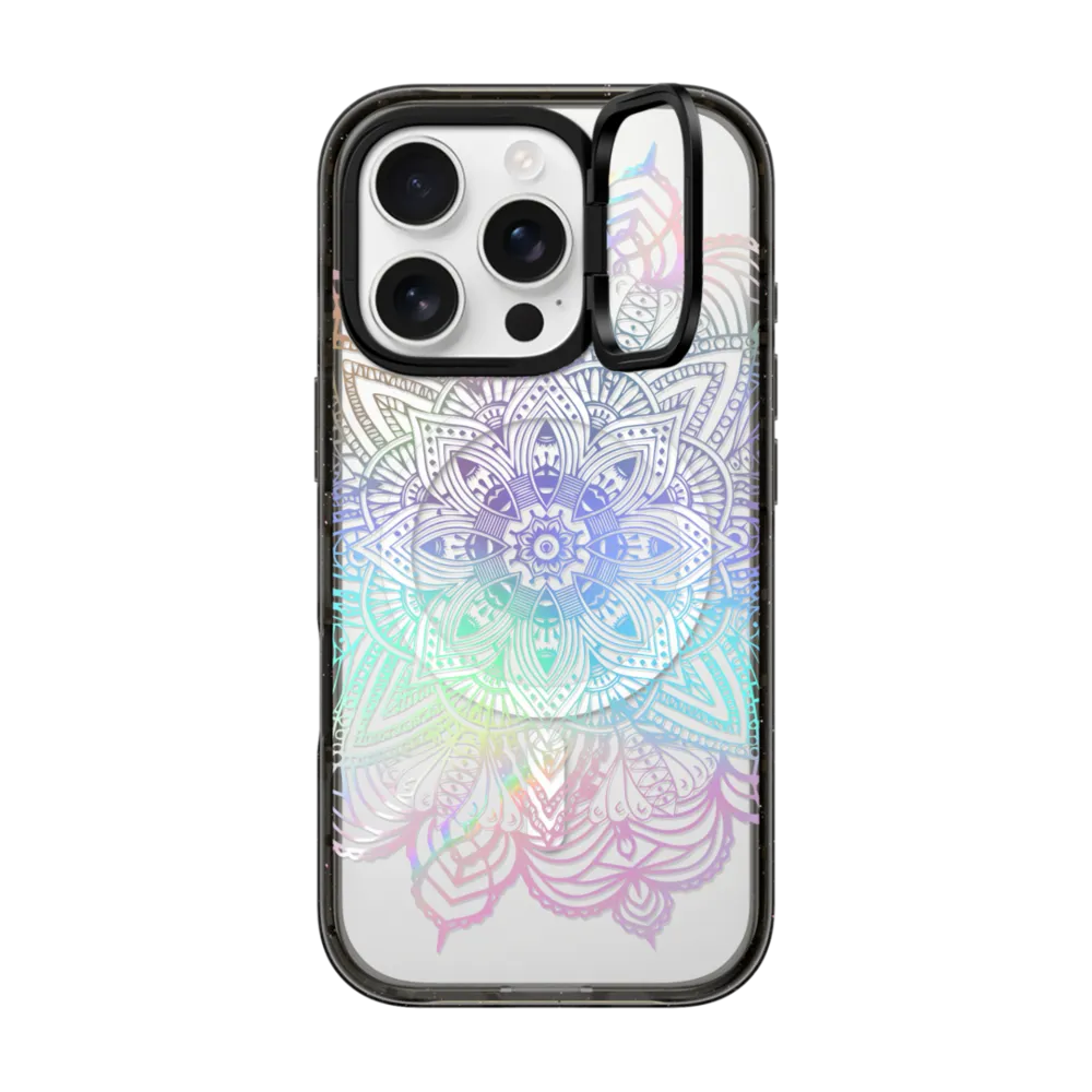 Impact Ring Stand iPhone 16 Pro Case MagSafe Compatible - Rainbow Holographic Mandala Lace Explosion