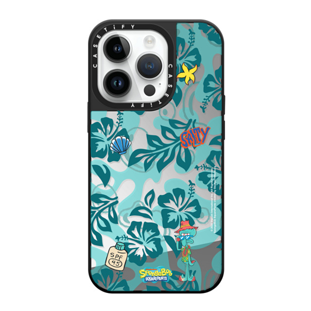 SpongeBob D2 x CASETiFY iPhone 14 Pro �P�[�X Silver on Black �~���[�P�[�X MagSafe�Ή� SpongeBob Hibiscus Pattern Phone Case - Squidward