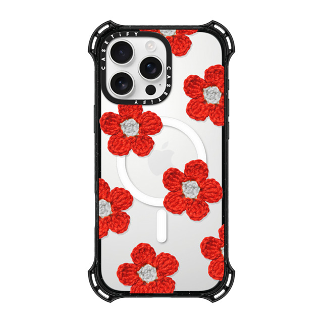 CASETiFY iPhone 16 Pro Max ケース ブラック バウンスケース Y2K,Pattern Crochet Flowers - Red