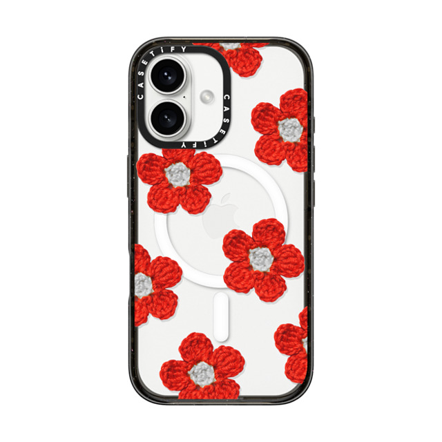 CASETiFY iPhone 16 ケース ブラック インパクトケース MagSafe対応 Y2K,Pattern Crochet Flowers - Red