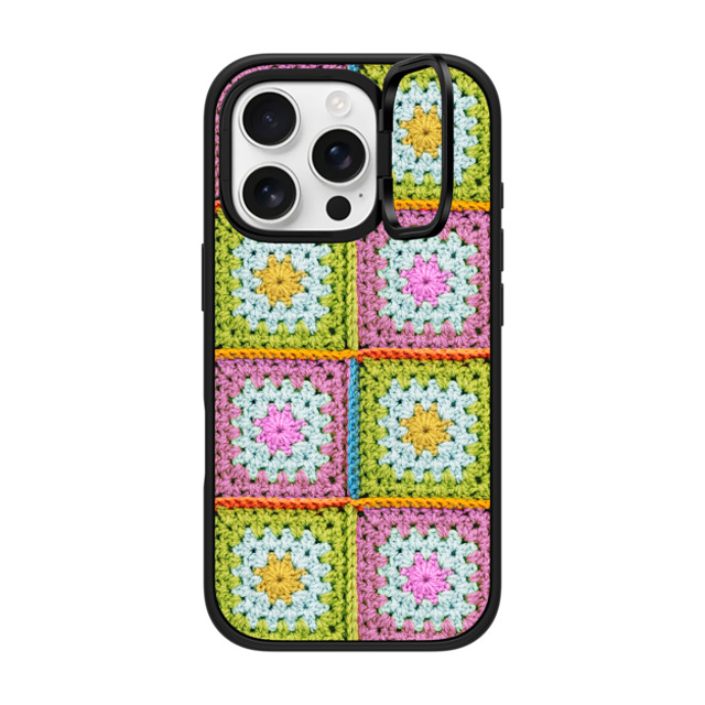 CASETiFY iPhone 16 Pro ケース マットブラック インパクトリングスタンドケース MagSafe対応 Cottagecore Crochet Granny Squares