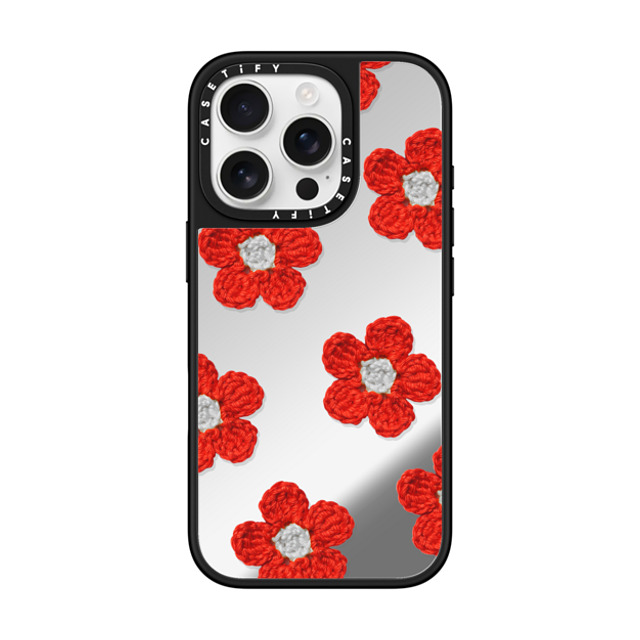 CASETiFY iPhone 16 Pro ケース Silver on Black ミラーケース MagSafe対応 Y2K,Pattern Crochet Flowers - Red