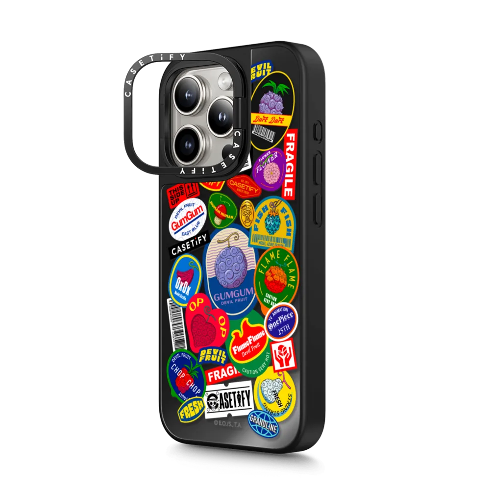 Mirror Ring Stand iPhone 15 Pro Max Case MagSafe Compatible - Devil Fruits Label Sticker Case