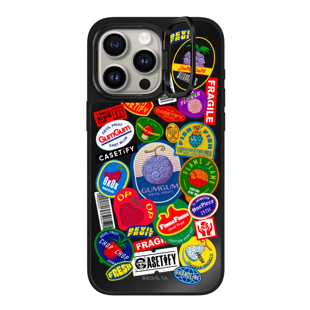 Mirror Ring Stand iPhone 15 Pro Max Case MagSafe Compatible - Devil Fruits Label Sticker Case