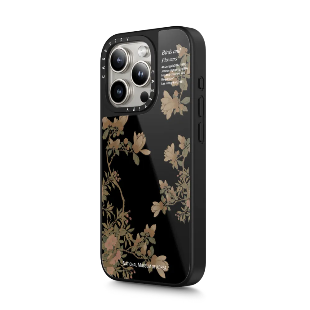 Glaze iPhone 15 Pro Case MagSafe Compatible - NMK Bird and Flowers Case - Black Mirror Edition