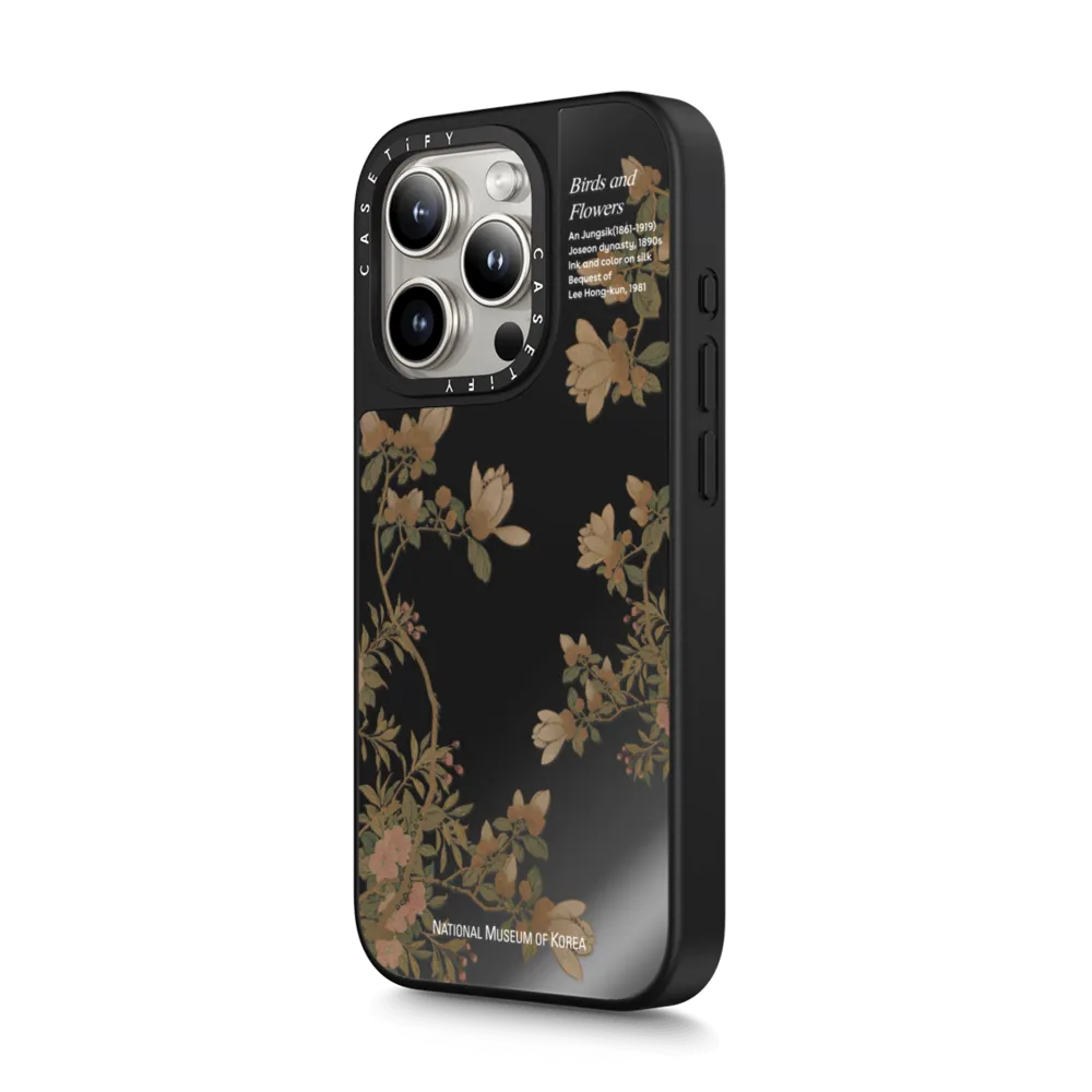 Mirror iPhone 15 Pro Case MagSafe Compatible - NMK Bird and Flowers Case - Black Mirror Edition