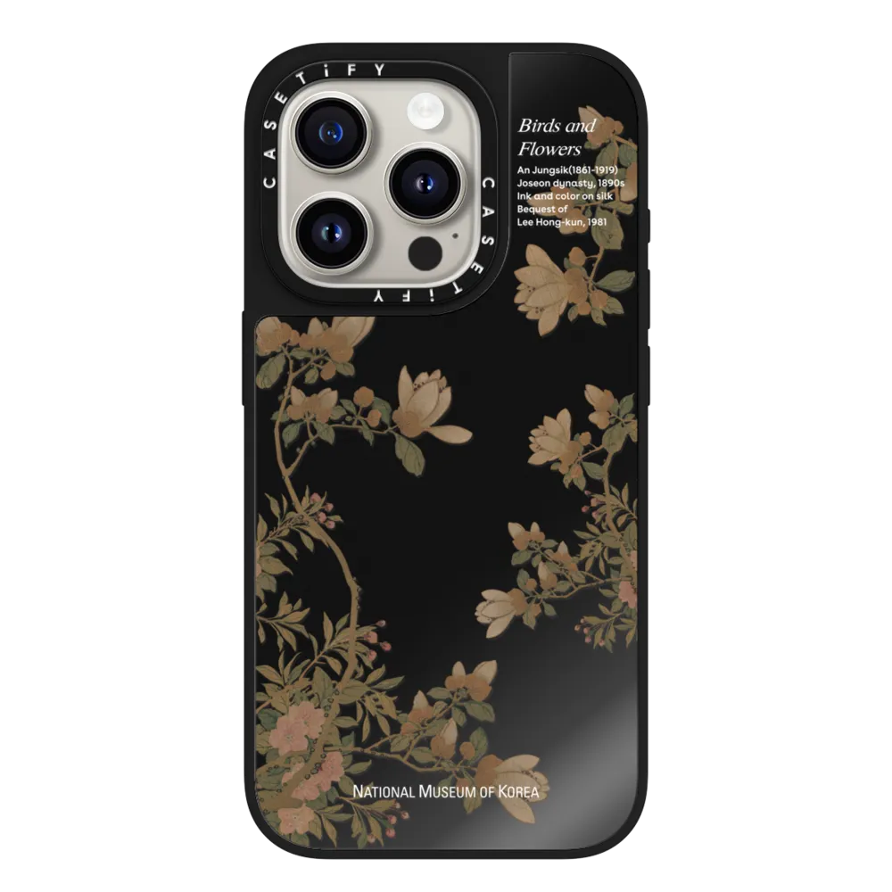 Mirror iPhone 15 Pro Case MagSafe Compatible - NMK Bird and Flowers Case - Black Mirror Edition