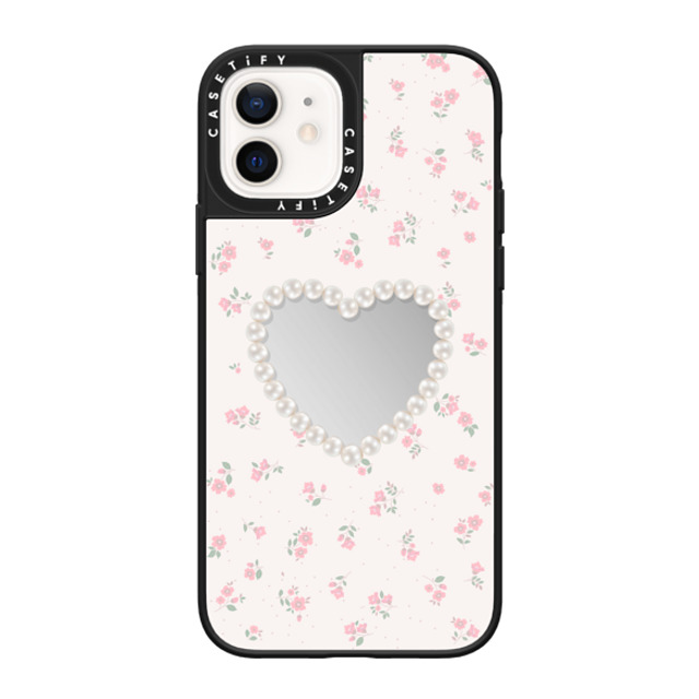 CASETiFY iPhone 12 ケース Silver on Black ミラーケース MagSafe対応 Heart,Cottagecore Pearly Heart