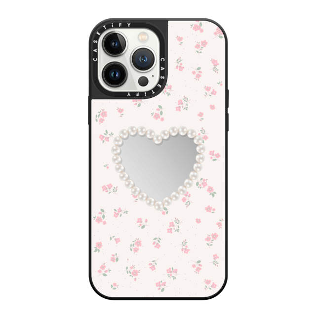 CASETiFY iPhone 13 Pro Max ケース Silver on Black ミラーケース MagSafe対応 Heart,Cottagecore Pearly Heart