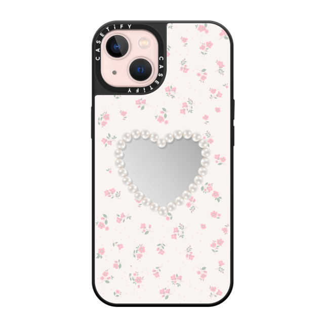 CASETiFY iPhone 13 ケース Silver on Black ミラーケース MagSafe対応 Heart,Cottagecore Pearly Heart