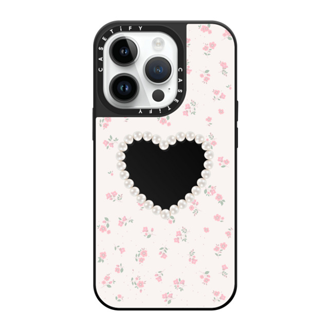 CASETiFY iPhone 14 Pro ケース Black on Black ミラーケース MagSafe対応 Heart,Cottagecore Pearly Heart