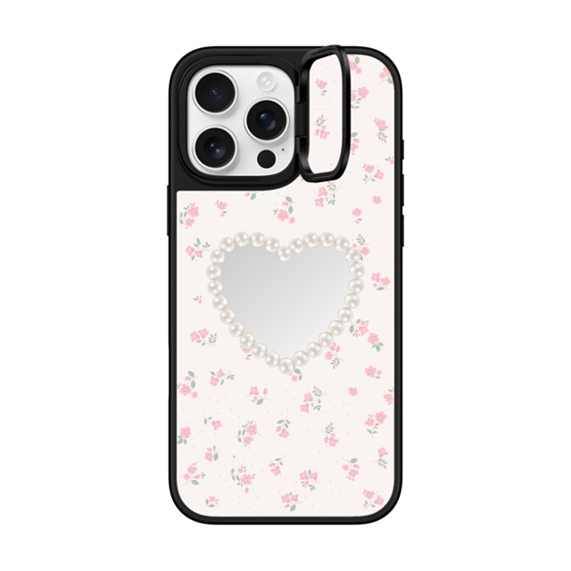 CASETiFY iPhone 16 Pro Max ケース Silver on Black ミラー リングスタンドケース MagSafe対応 Heart,Cottagecore Pearly Heart