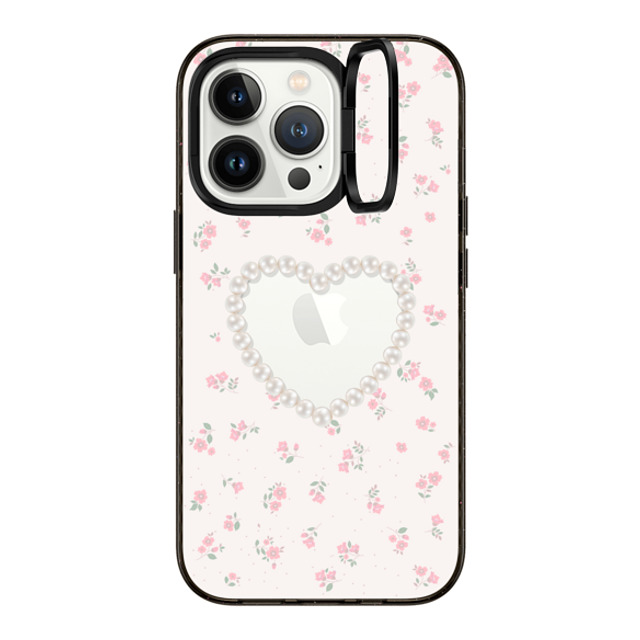 CASETiFY iPhone 13 Pro ケース ブラック インパクトリングスタンドケース MagSafe対応 Heart,Cottagecore Pearly Heart