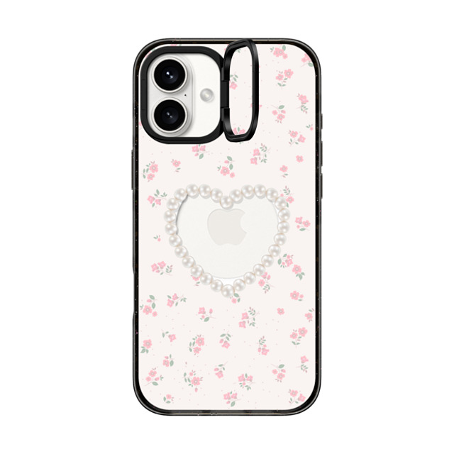 CASETiFY iPhone 16 Plus ケース ブラック インパクトリングスタンドケース MagSafe対応 Heart,Cottagecore Pearly Heart