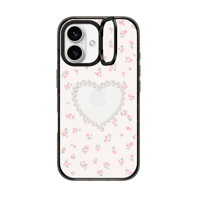 CASETiFY iPhone 16 ケース ブラック インパクトリングスタンドケース MagSafe対応 Heart,Cottagecore Pearly Heart