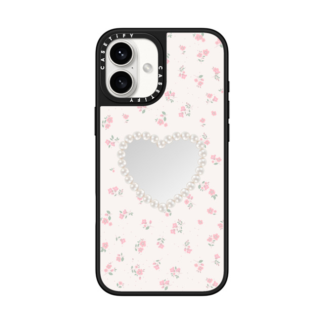 CASETiFY iPhone 16 Plus ケース Silver on Black ミラーケース MagSafe対応 Heart,Cottagecore Pearly Heart