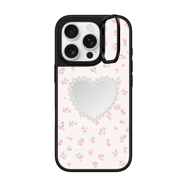 CASETiFY iPhone 16 Pro ケース Silver on Black ミラー リングスタンドケース MagSafe対応 Heart,Cottagecore Pearly Heart