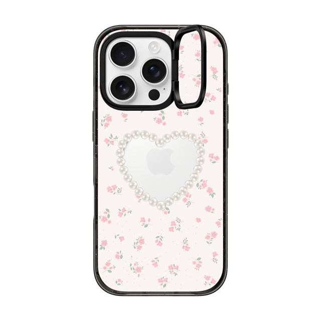 CASETiFY iPhone 16 Pro ケース ブラック インパクトリングスタンドケース MagSafe対応 Heart,Cottagecore Pearly Heart